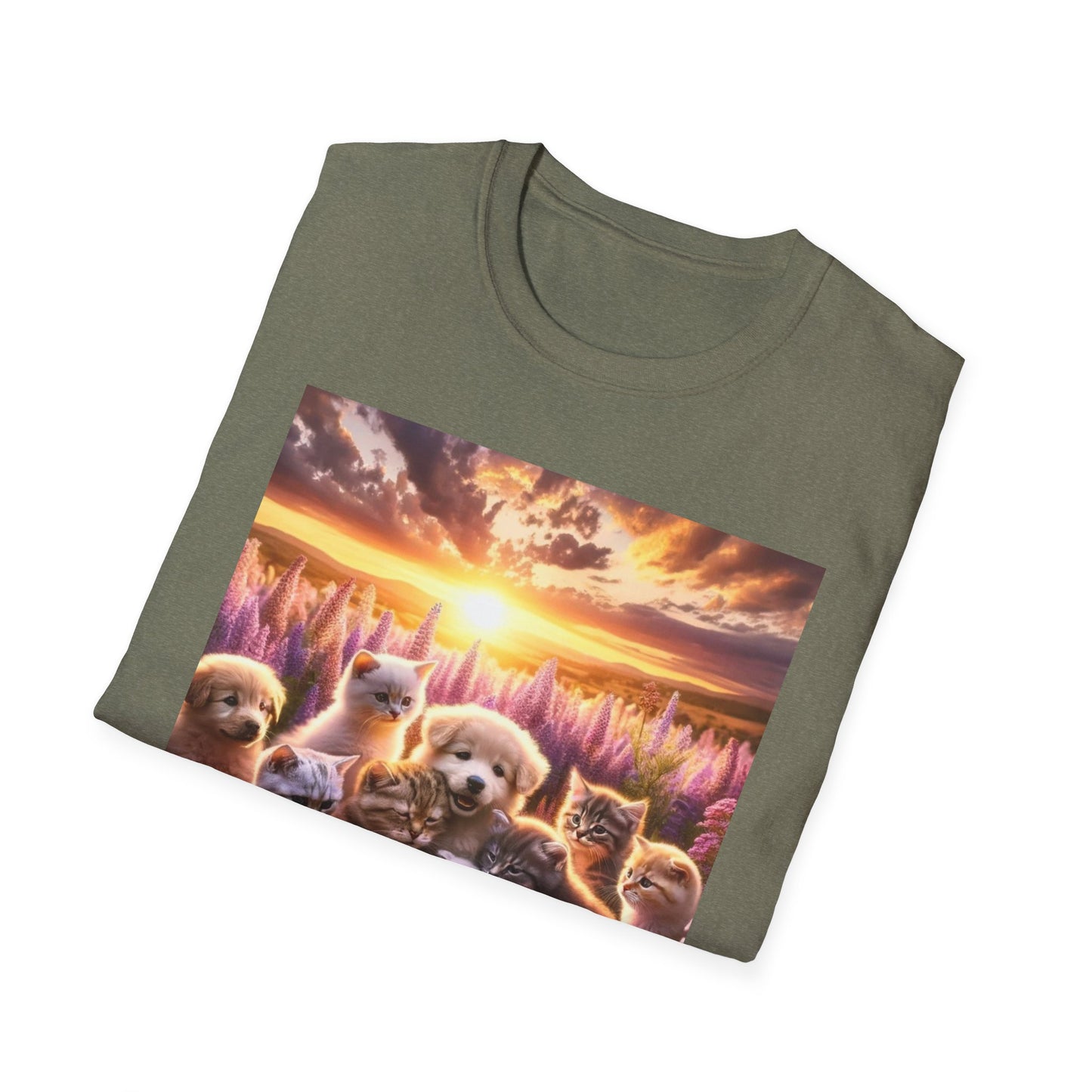 Kittens and Puppies Playing in Field - Unisex Softstyle T-Shirt