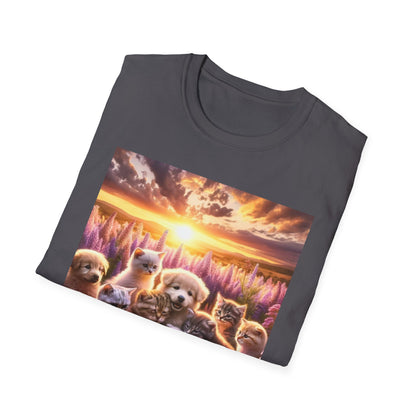 Kittens and Puppies Playing in Field - Unisex Softstyle T-Shirt