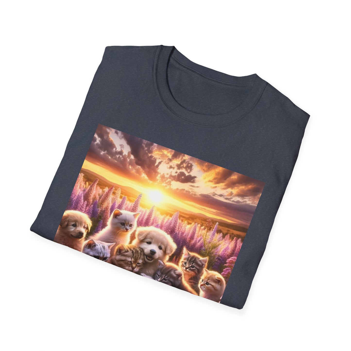 Kittens and Puppies Playing in Field - Unisex Softstyle T-Shirt