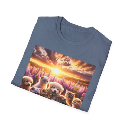 Kittens and Puppies Playing in Field - Unisex Softstyle T-Shirt